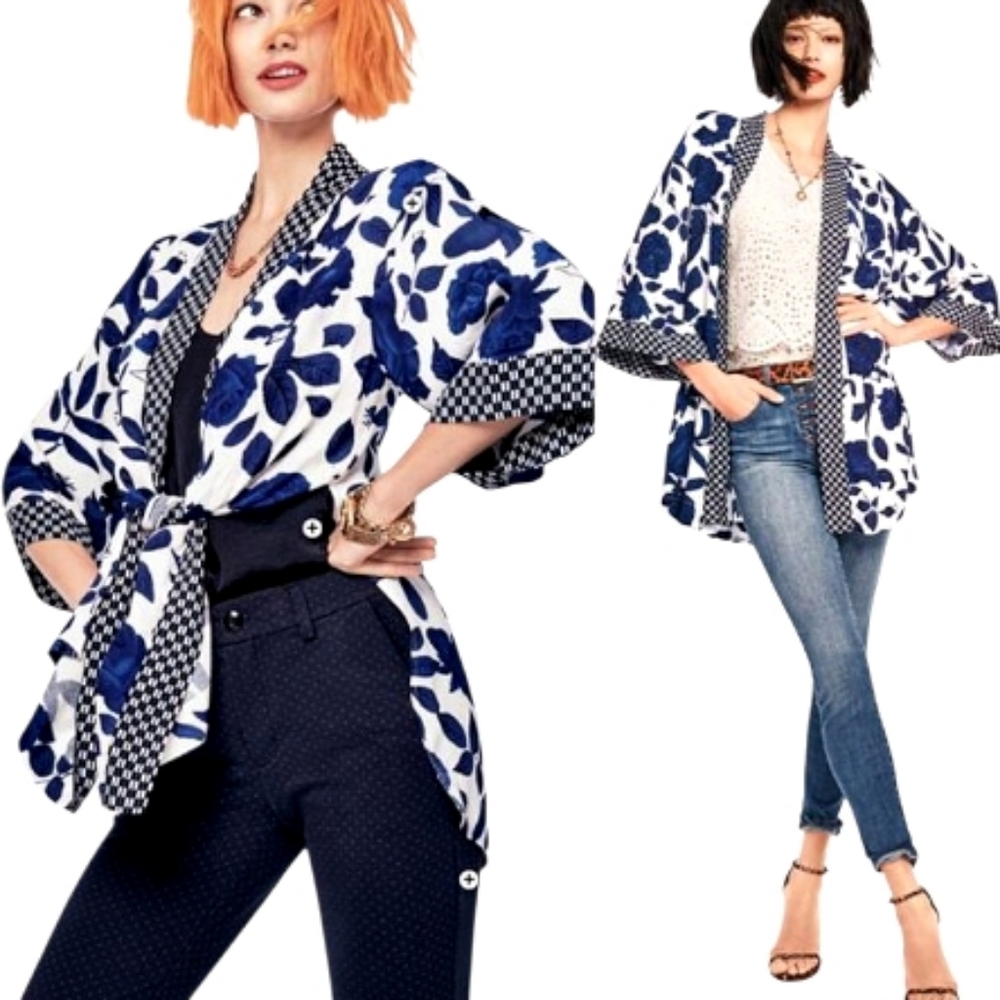 Cabi Botanical Kimono Blue White Mixed Print Open Front Size XS/S